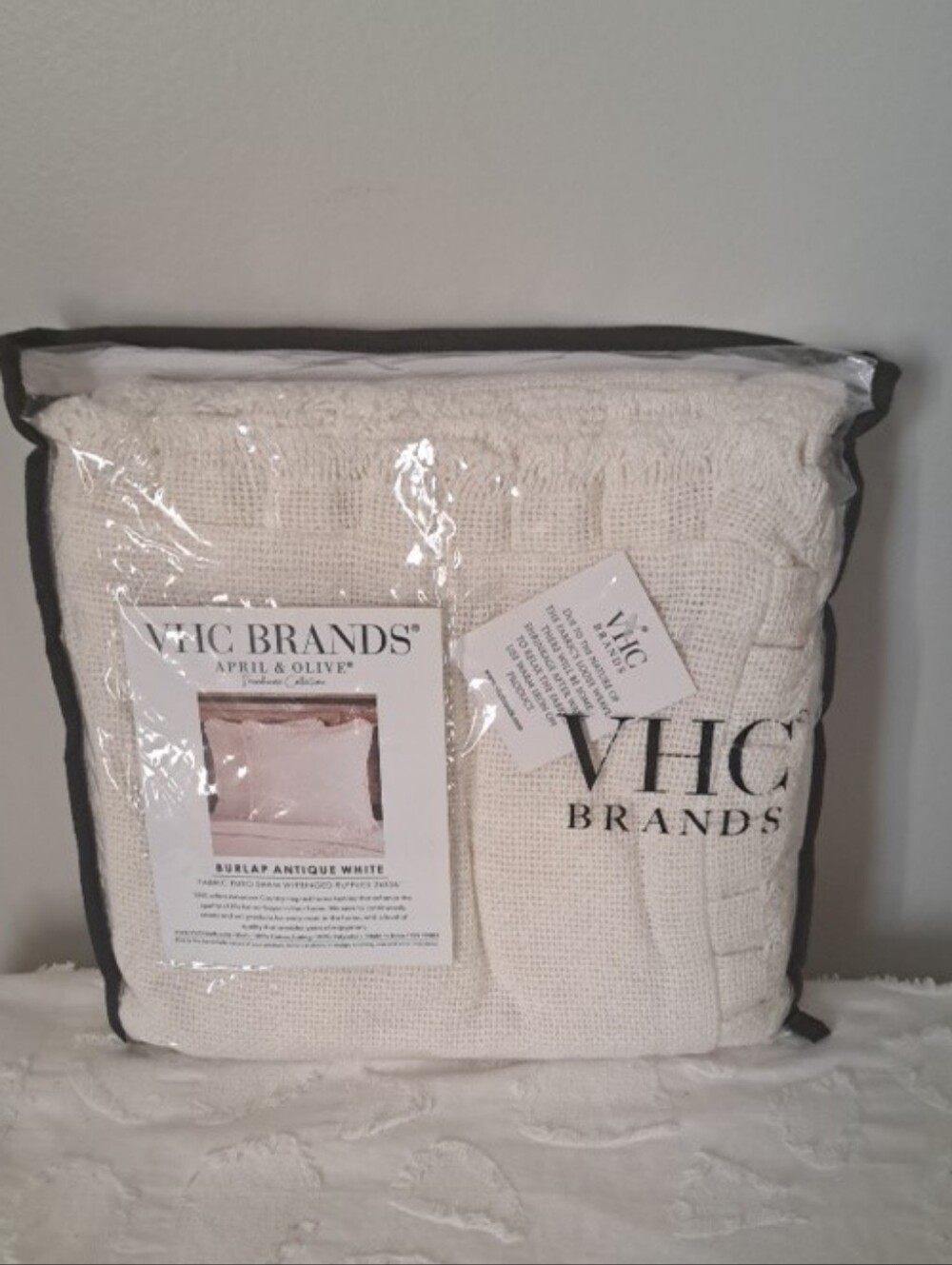 VHC FARMHOUSE Burlap Antique White cotton Euro Sham Fringe ruffle neutral 26x26